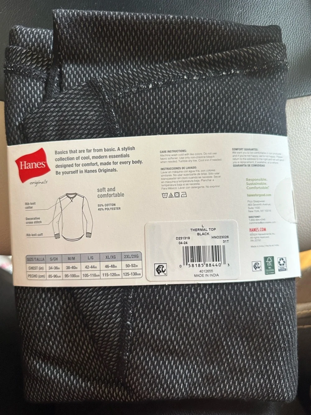 Hanes Originals Men's Reversible Thermal Crew Top Black L/G NWT